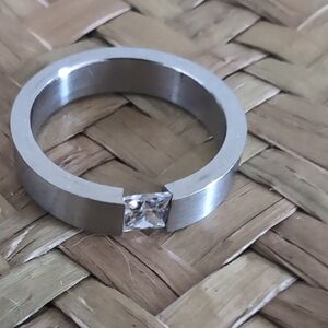 Contemporary Stainless Steel Ring with Clear Square Stone - Silver